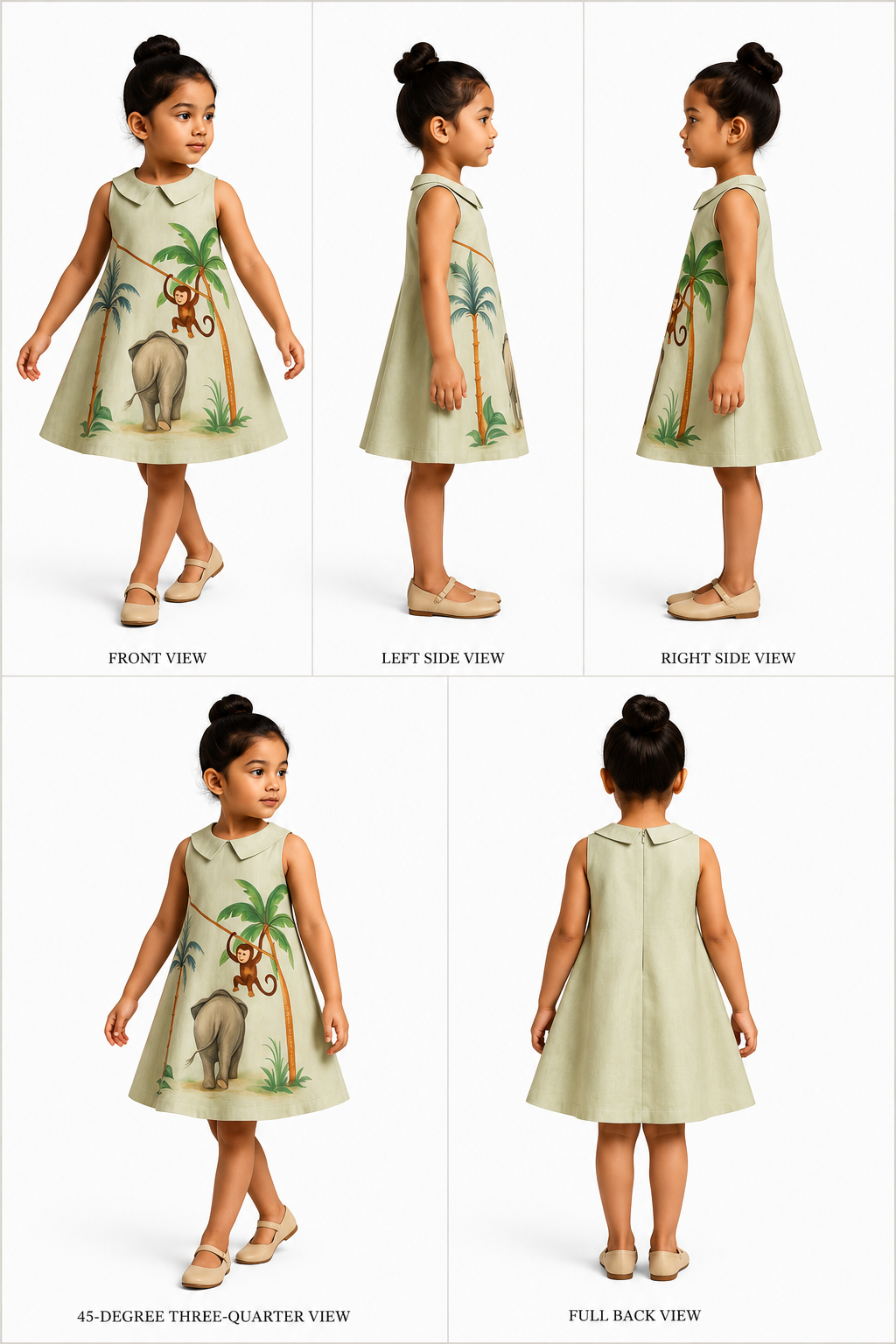 Pre Order: Elephant And Monkey Pista Green Hand Painted Dress