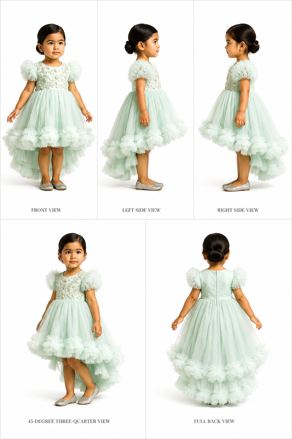 Pre Order: Green High Low Dress With Butterflies Embellished And Detachable Bow