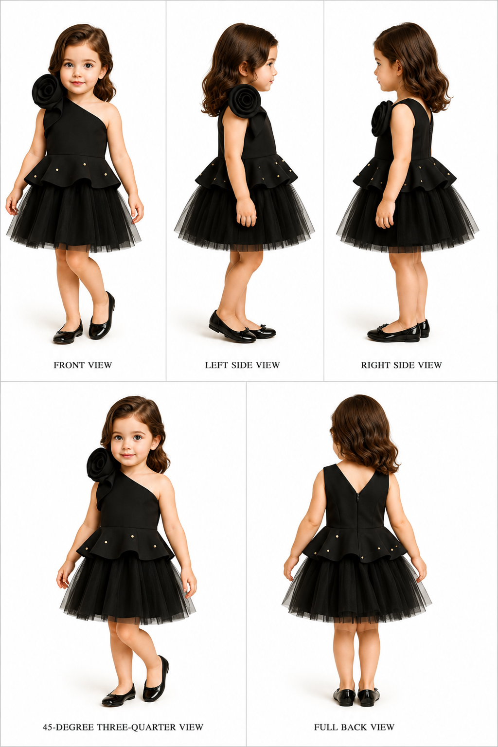 Pre Order: Exquisite Pearls And Rose Embellished Frilly Black Scuba Dress