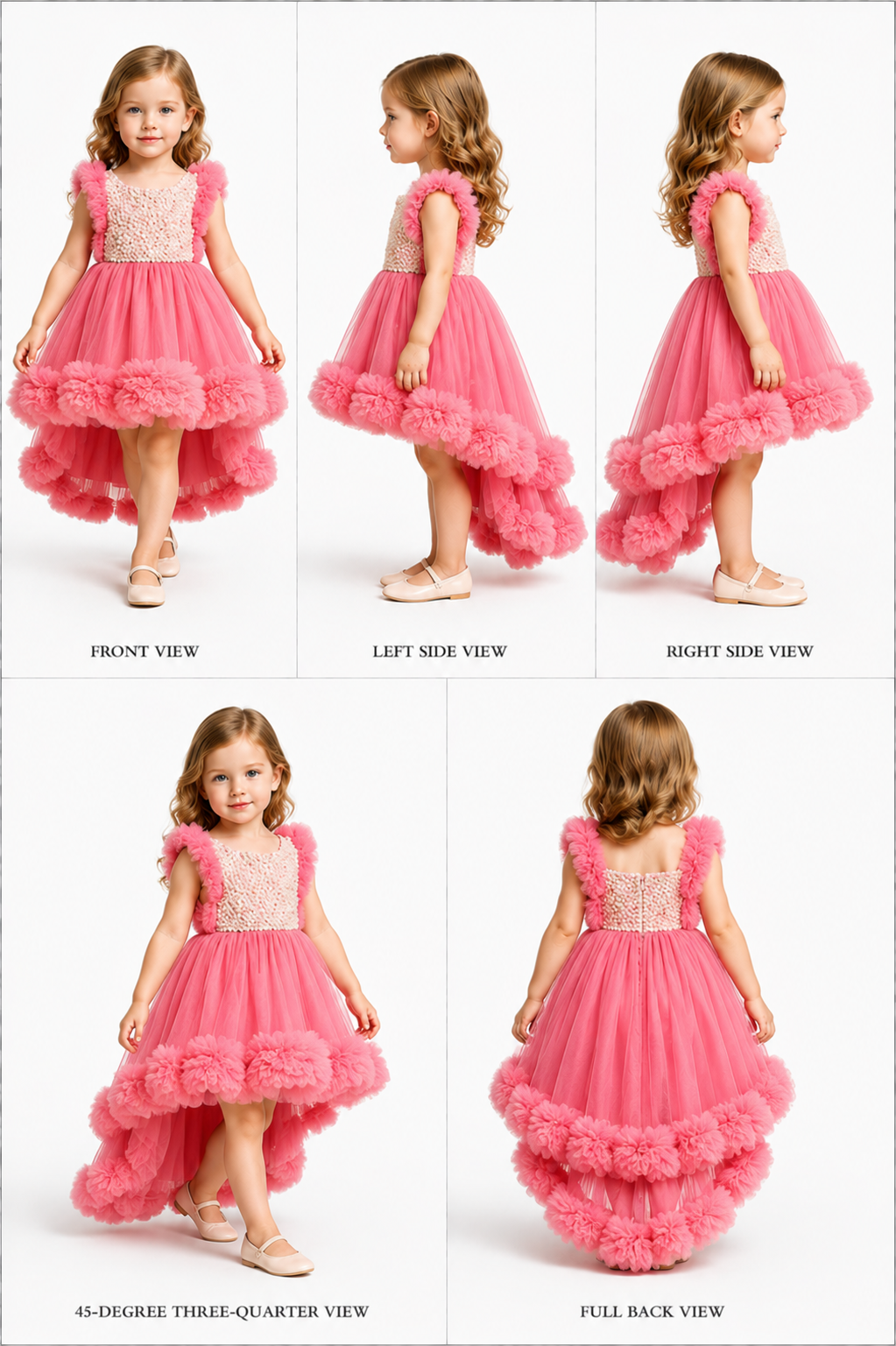 Pre Order: Embroidered Yoke Ruffle Hem Dress With Detachable Trail And Matching Hair Clip
