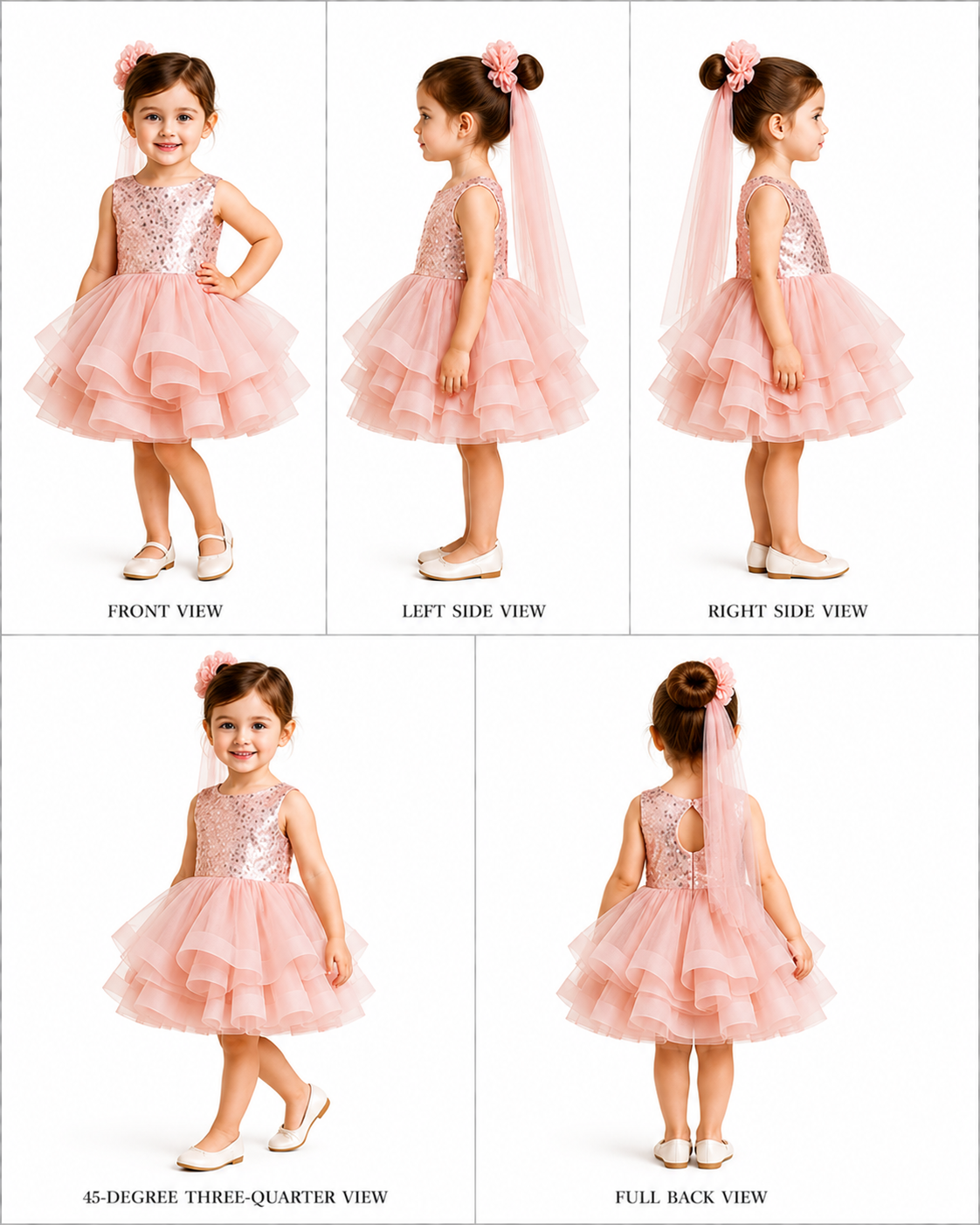 Pre Order: Peach Sequin Dress Adorned With Matching Bows And Flowers Embellishment