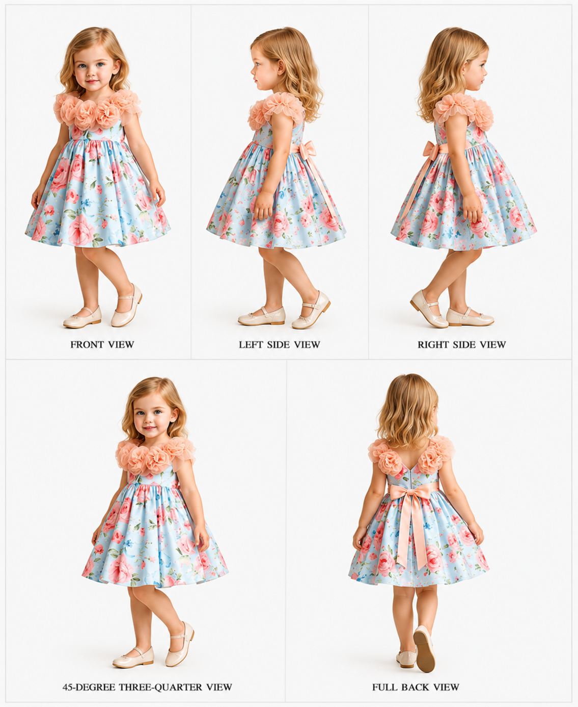 Pre Order: Blue And Pink Floral Printed Rose Flowers Adorned Dress