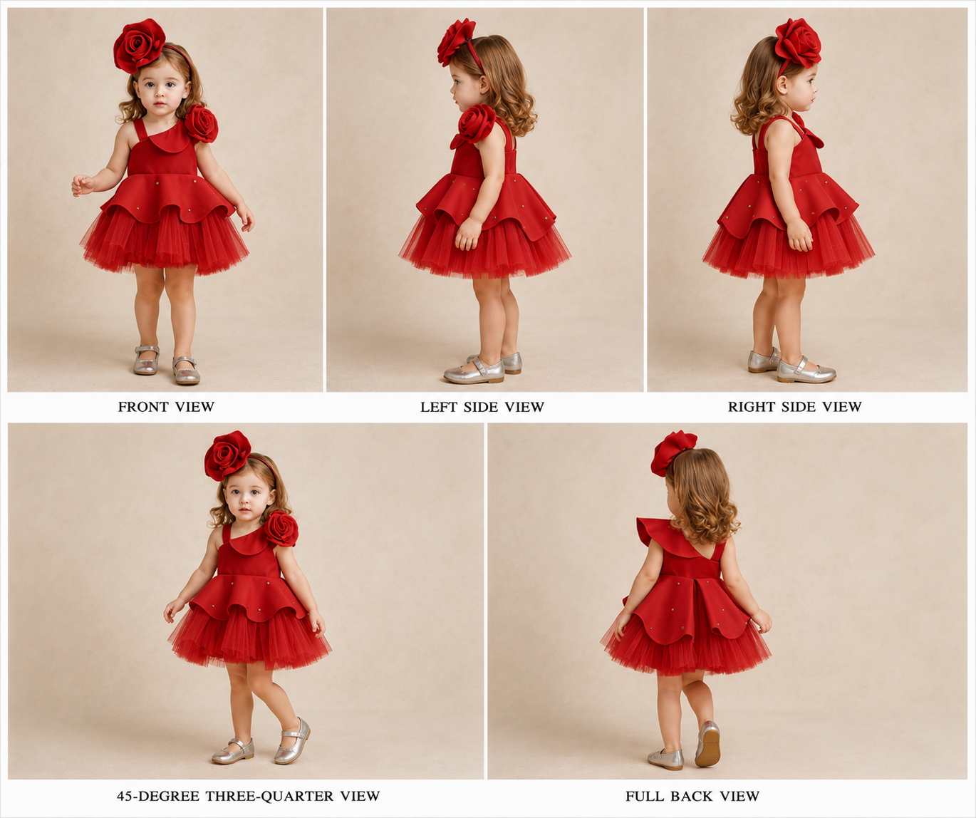 Pre Order: Rose Embellished Frilly Red Scuba Dress