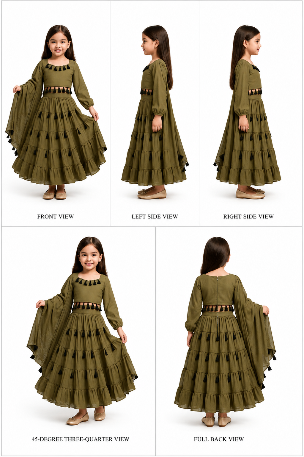Pre Order: Olive Tassels Details Georgette Lehenga Set