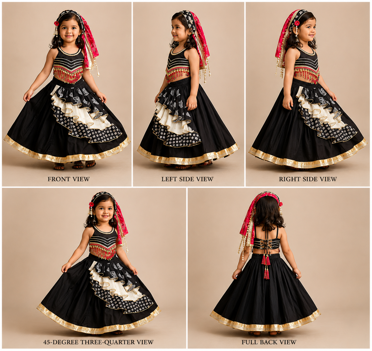 Pre Order: Black Embellished Faux Mirror Embroidered Top With Tiered Lehenga And Dupatta
