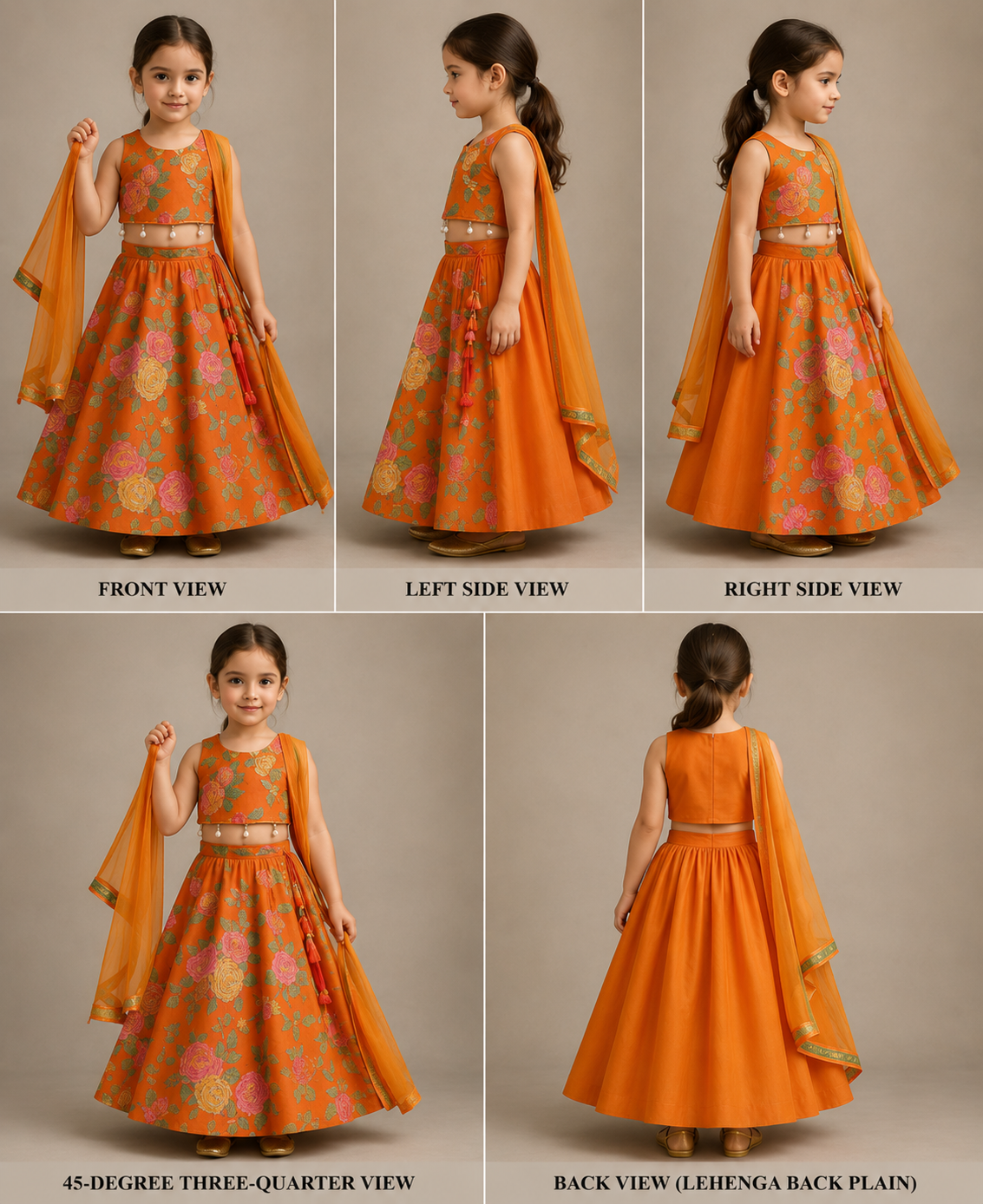 Pre Order: Elegant Orange Floral Printed Top With Lehenga And Dupatta