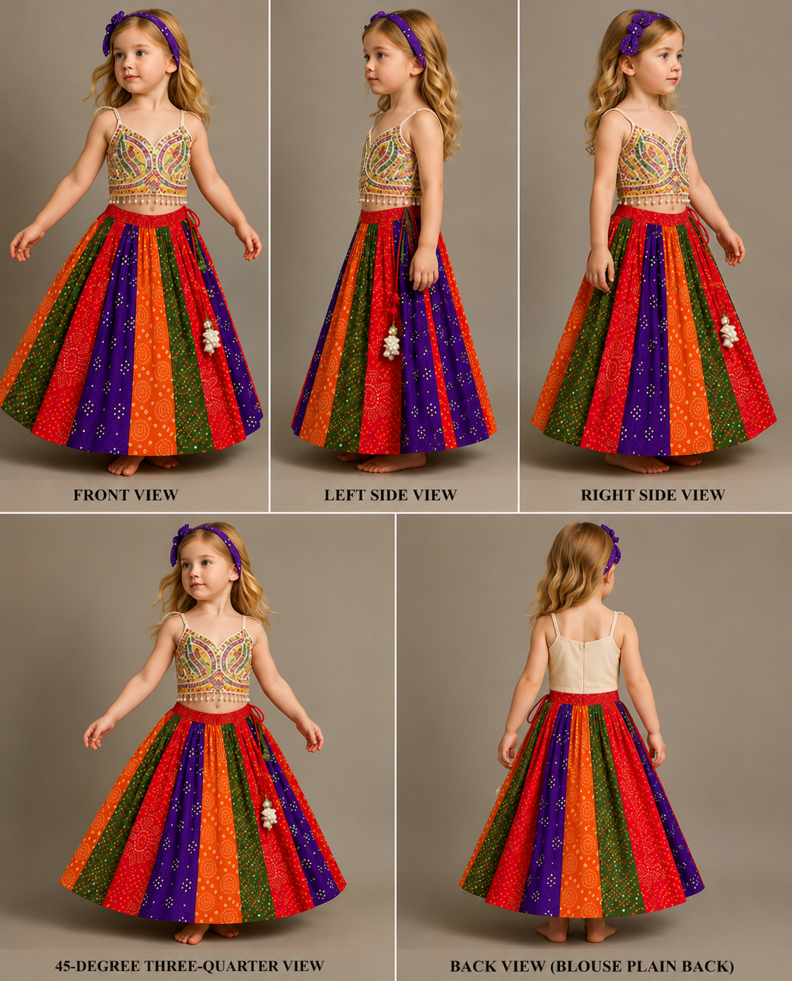 Pre Order: Beautiful Mirror Hand Embroidered Tie-up Top With Multicolour Bandhani Printed Lehenga