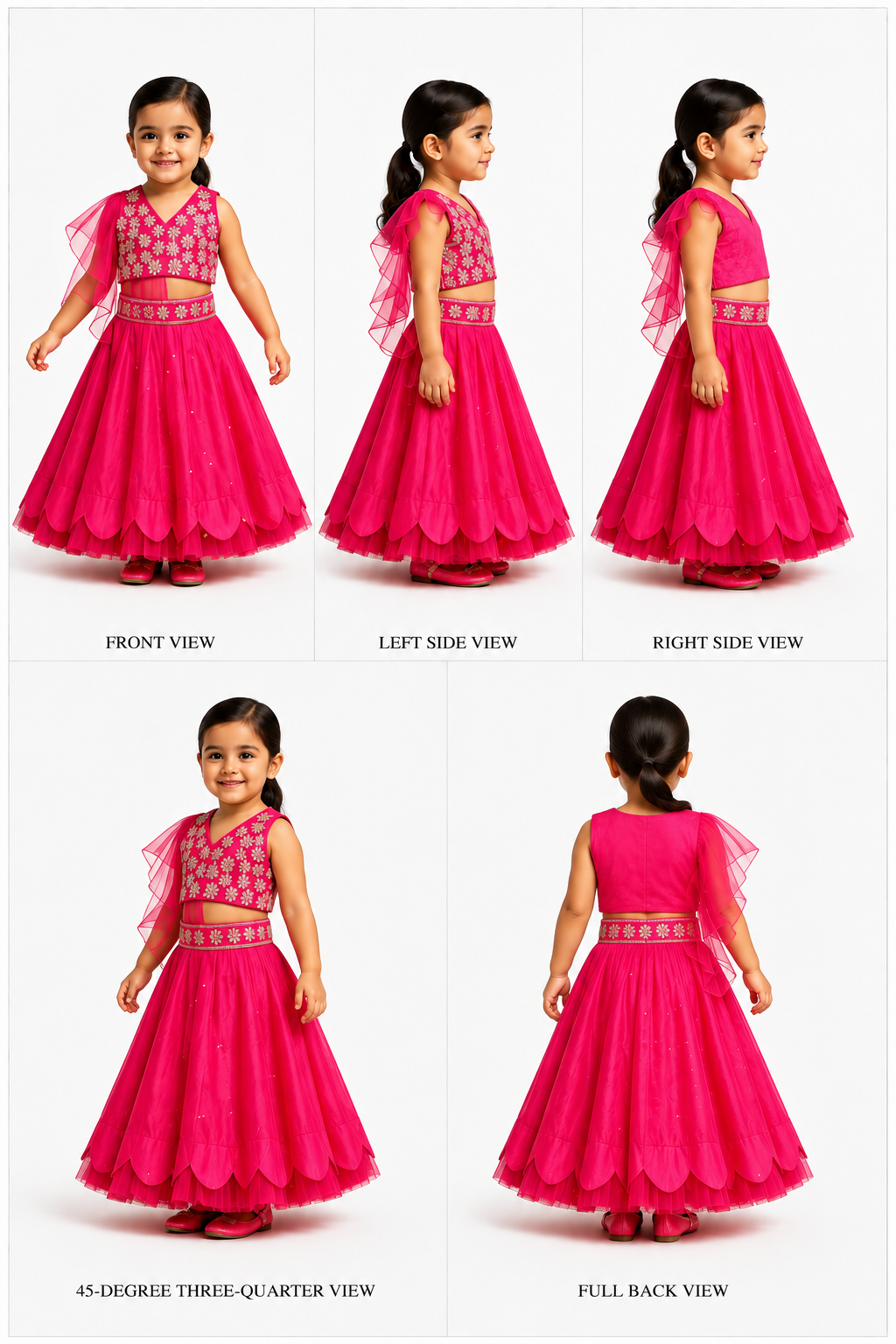 Pre Order: Halter Neck Floral Embroidered Top And Scalloped Hem Lehenga With Flat Back Pearls Enhanced Ruffle Dupatta