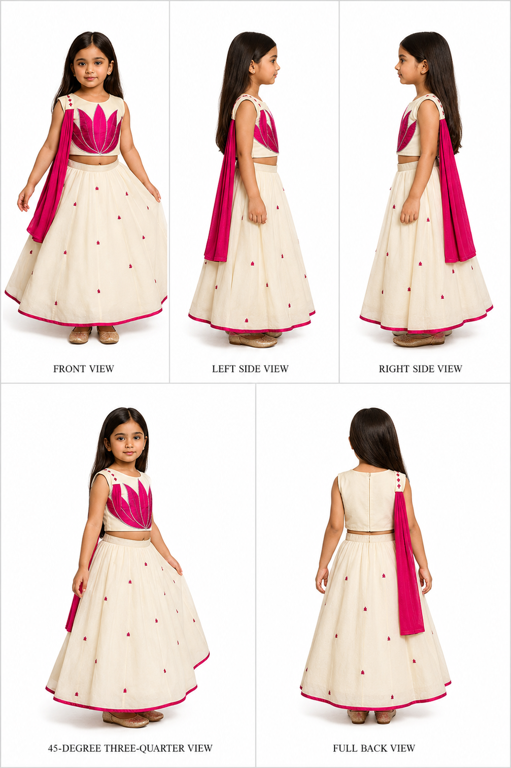Pre Order: Pink Lotus Applique Embroidered Off White Top And Lehenga With Dupatta