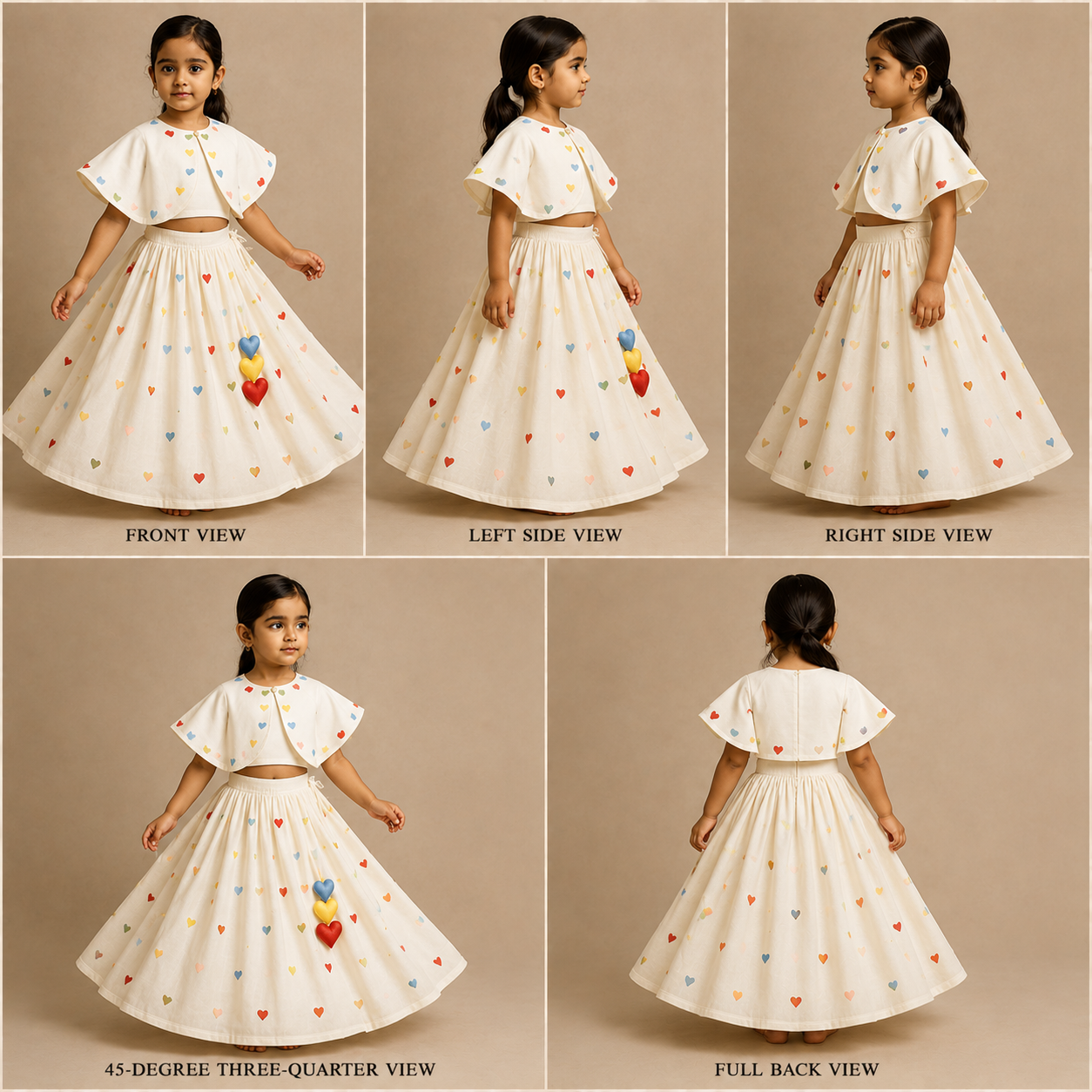 Pre Order: Off White Heart Embroidered Cape Attached Top And Flared Lehenga