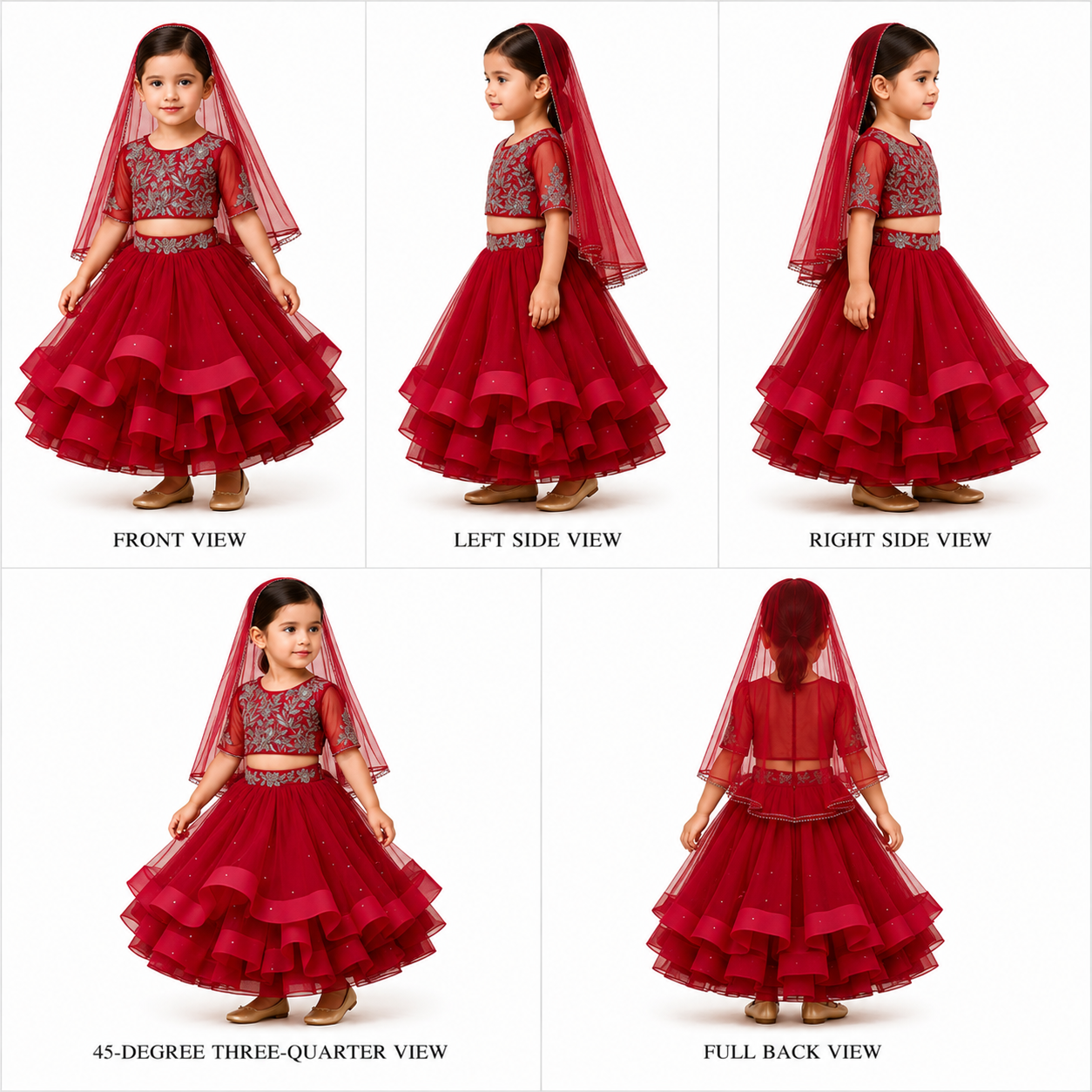 Pre Order: Embroidered Crop Top And Net Layered Lehenga
