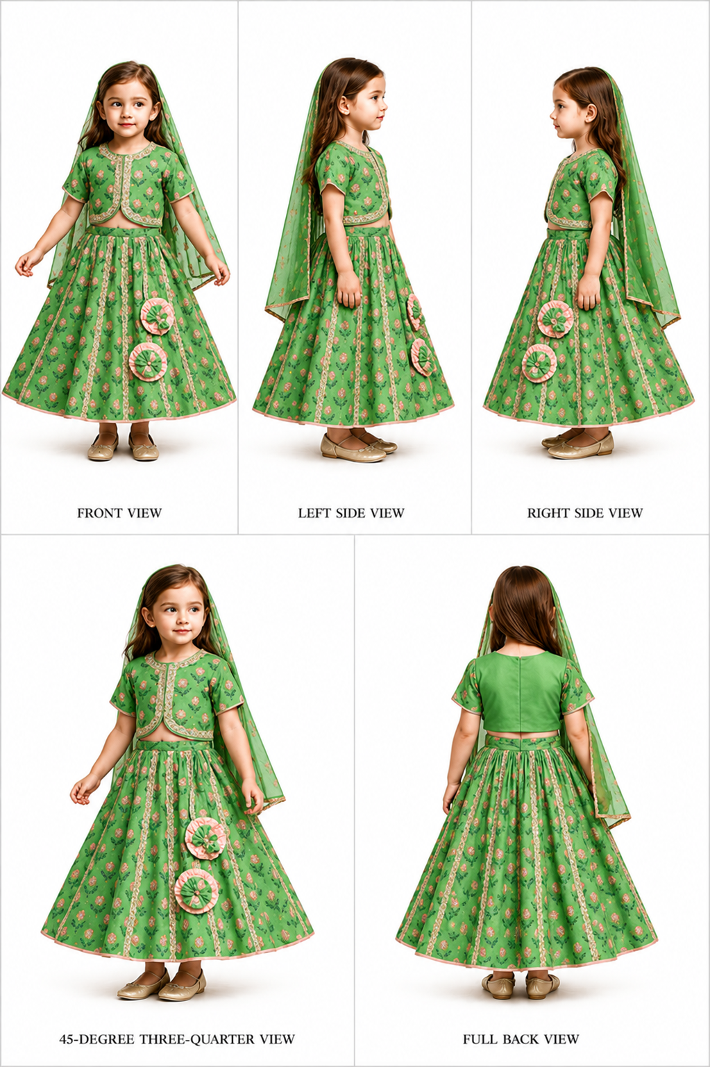 Pre Order: Lace Green Floral Top With Ghagra And Dupatta