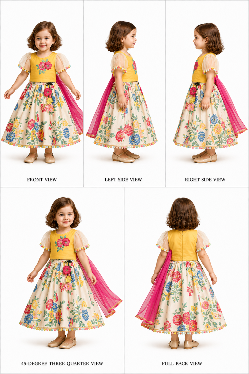 Pre Order: Floral Embroidered Top And Printed Lehenga With Net Dupatta