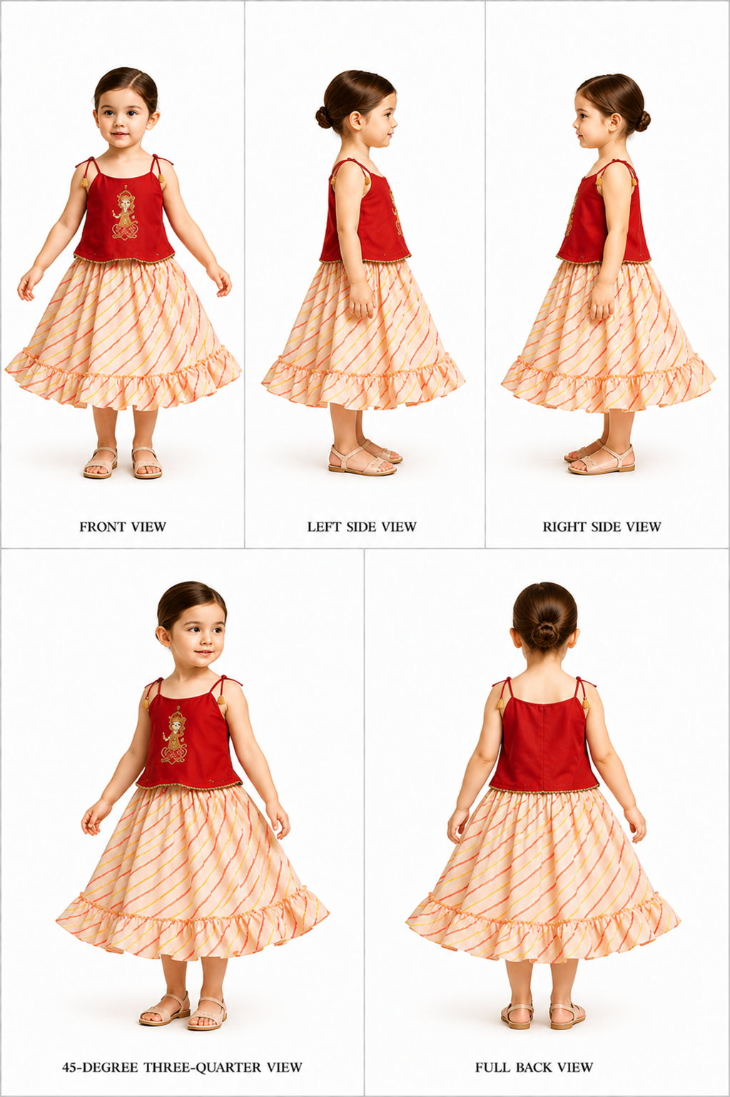 Pre Order: Goddess Embroidered Red Strappy Tie-Up Top With Multicoloured Lehenga