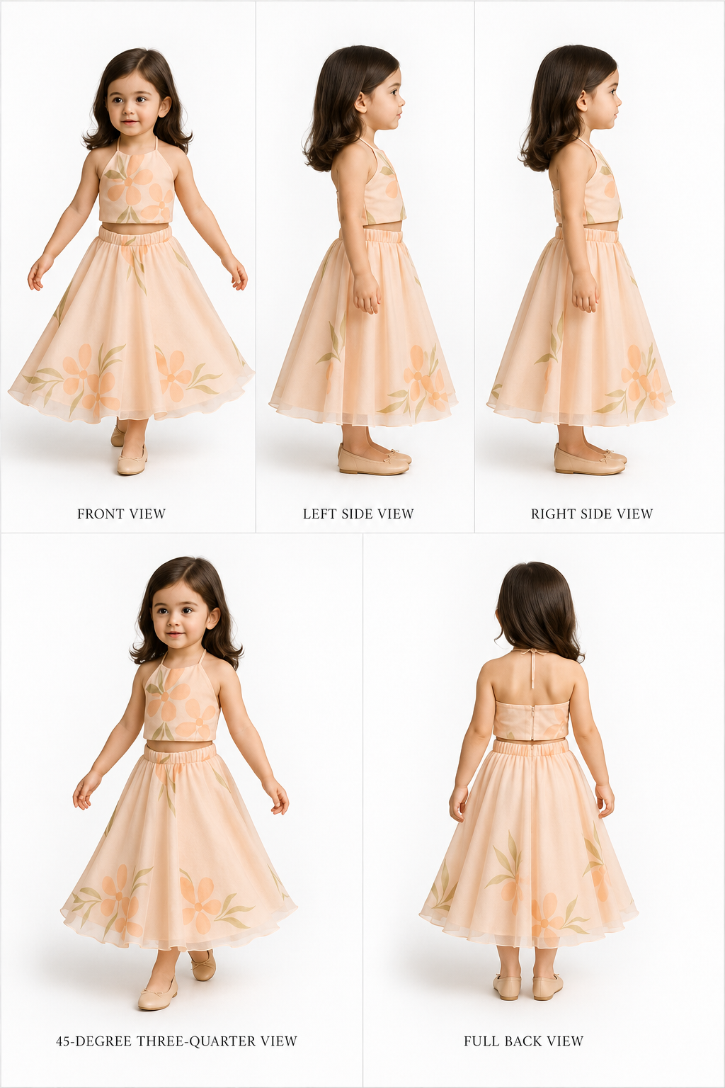 Pre Order: Peach Organza Floral Printed Halter Neck Top With Lehenga