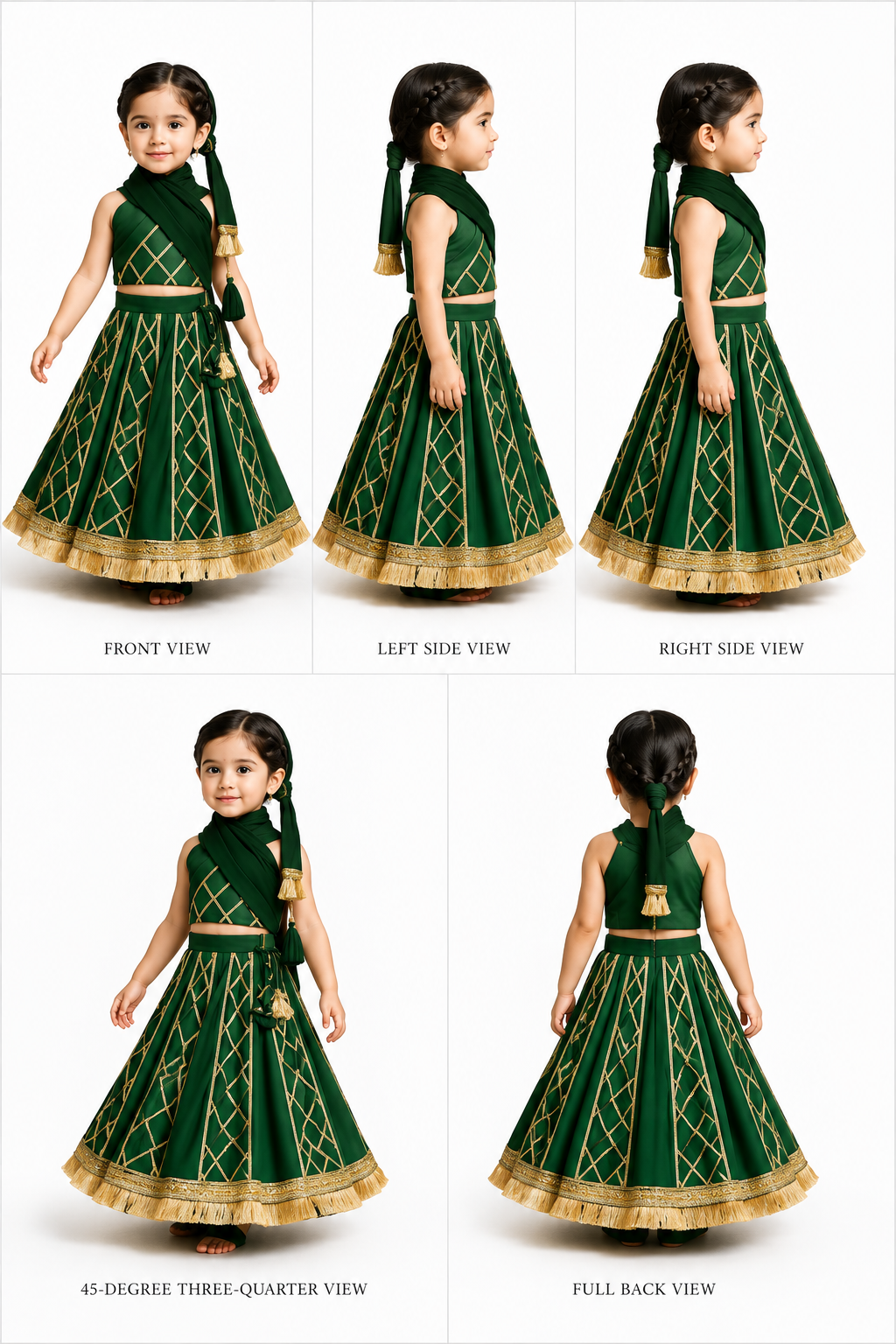 Pre Order: Green Stylish Overlap Halter Neck Gota Lace Detailed Top And Lehenga With Dupatta