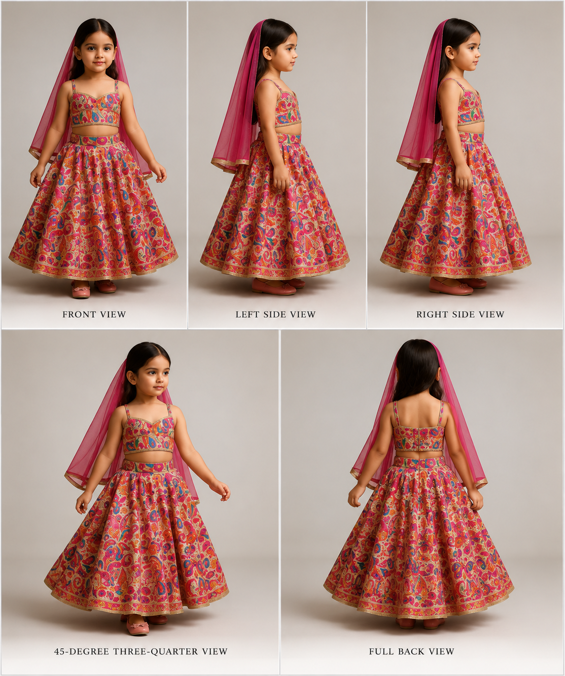 Pre Order: Printed Multicolour Strappy Top And Lehenga With Net Pink Dupatta