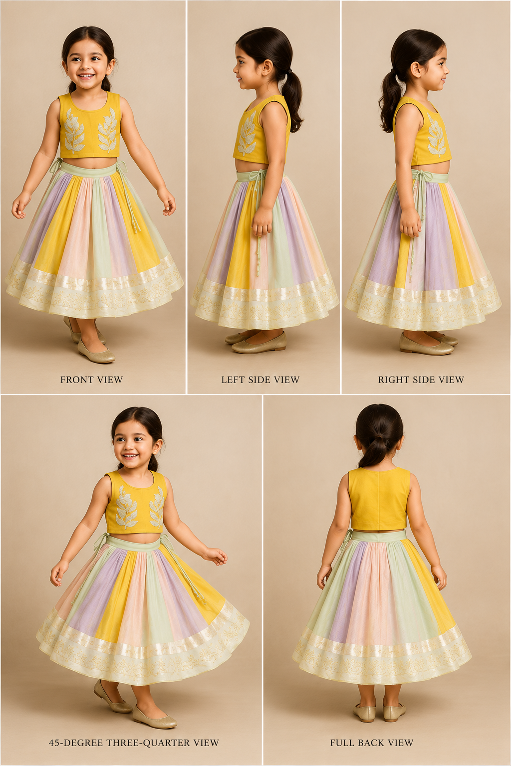 Pre Order: Yellow Gota Lace Embroidered Top And Colour Blocked Multicolor Lehenga