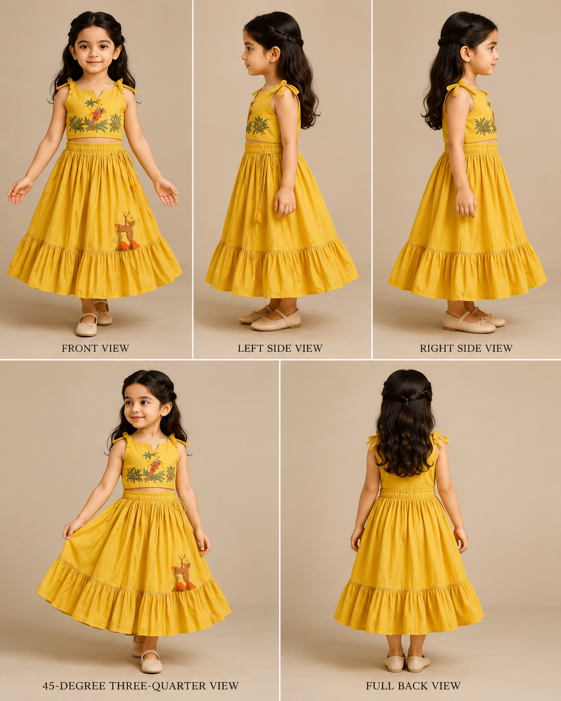 Pre Order: Jungle Theme Embroidered Yellow Top And Flared Lehenga