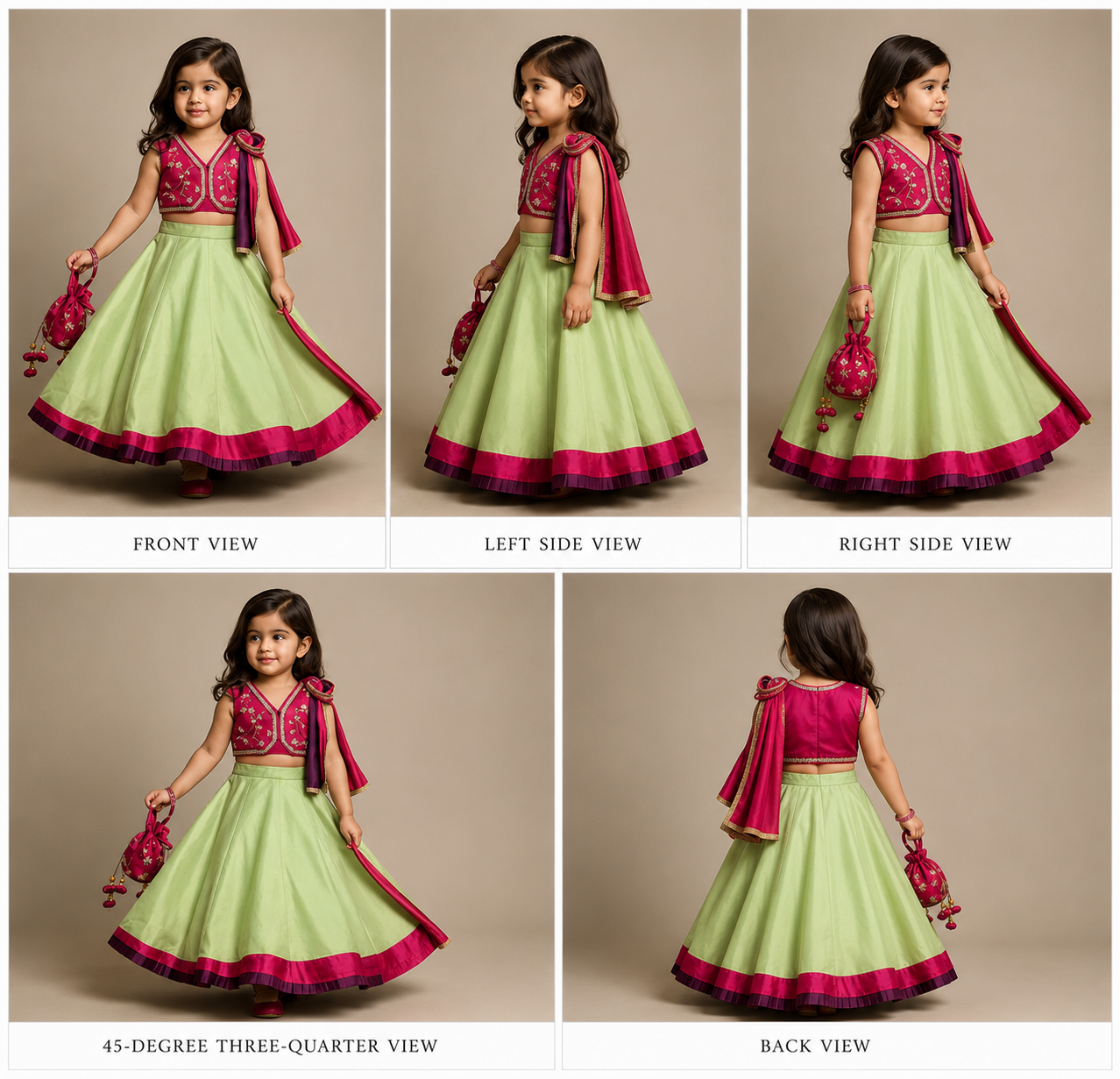 Pre Order: Pink Embroidered Top And Green Lehenga With Dupatta