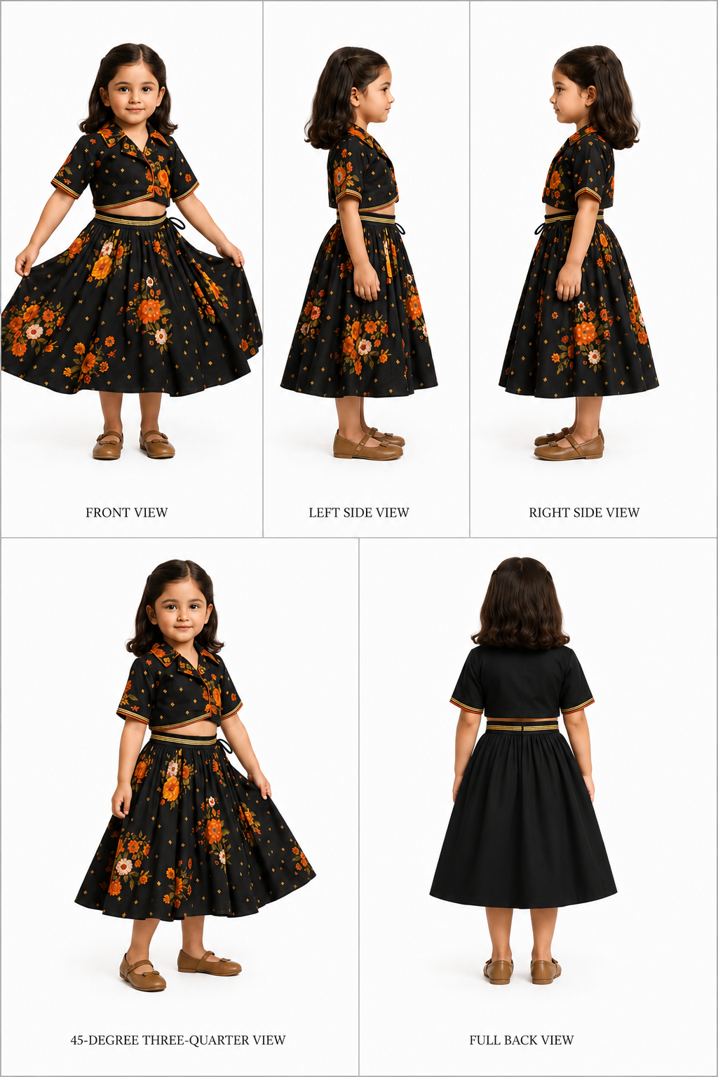 Pre Order: Floral Printed Embroidered Collar Top And Lehenga