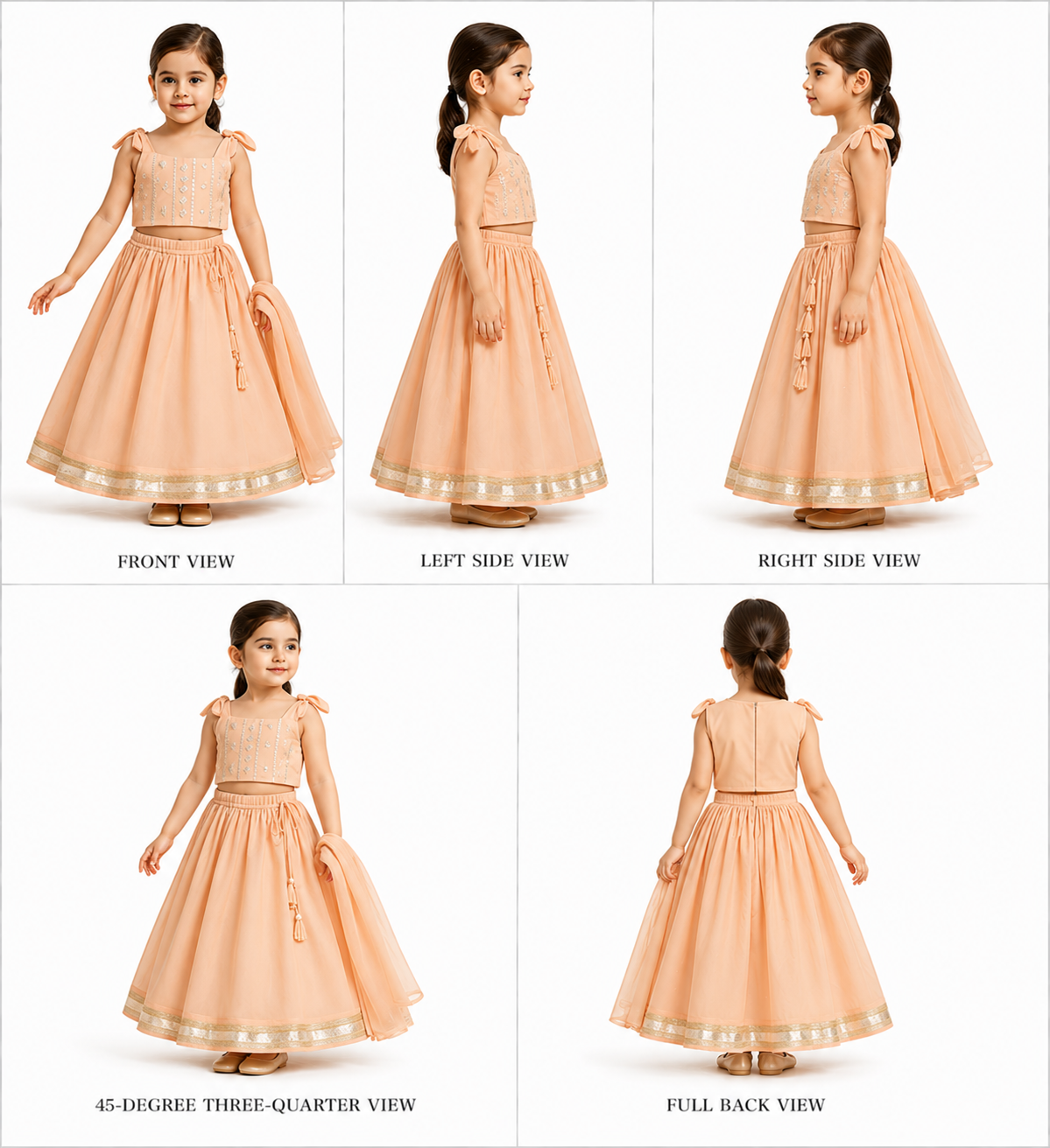 Pre Order: Peach Faux Mirror Embroidered Top And Lehenga With Dupatta