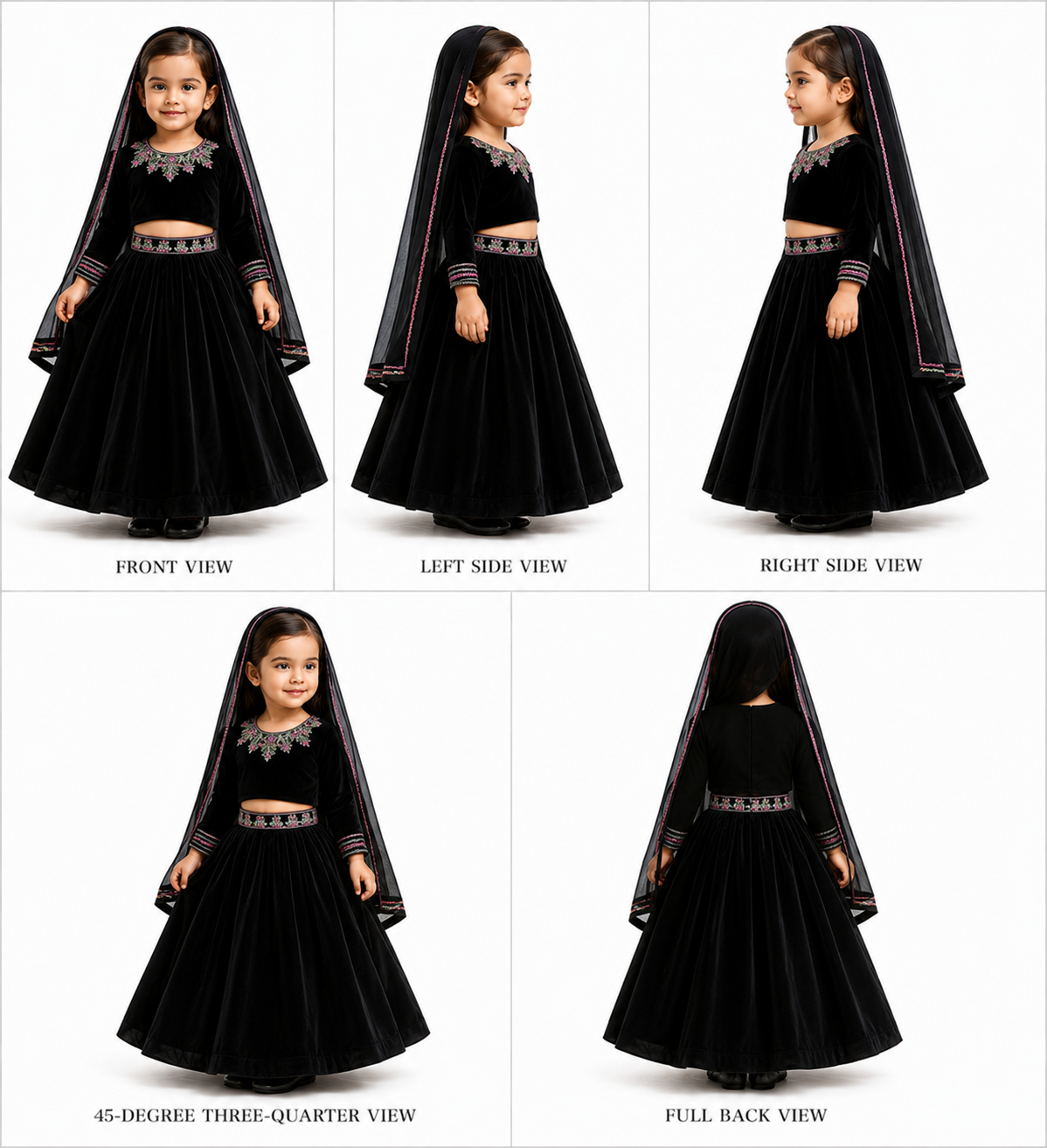 Pre Order: Black Embellished Top With Attached Dupatta And Lehenga