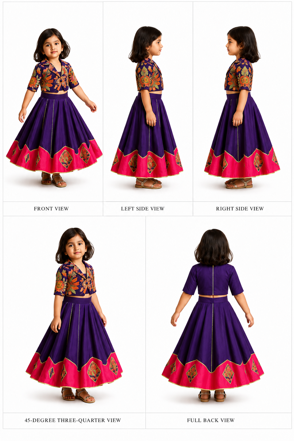 Pre Order: Printed Collar Neck Purple Top And Lehenga