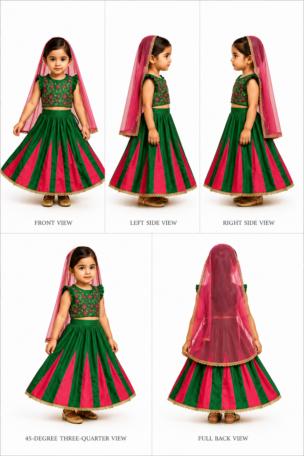 Pre Order: Pink And Green Embroidered Ruffle Top With Lehenga And Dupatta