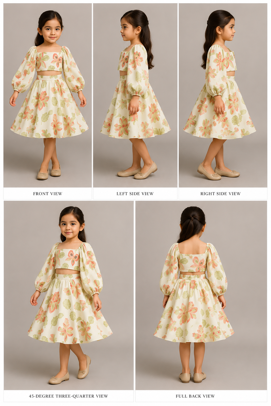 Pre Order: Beige Printed Embroidered Top And Umbrella Style Flared Lehenga