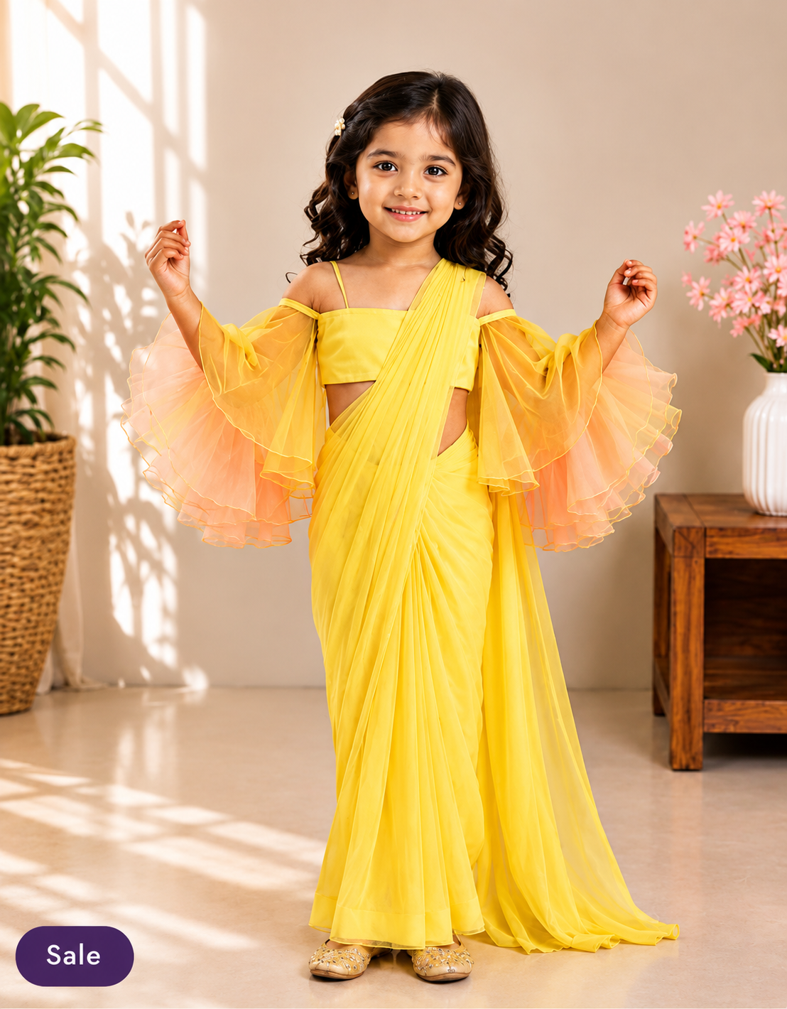 Pre Order: The Flutter-Sleeve Sunshine Saree