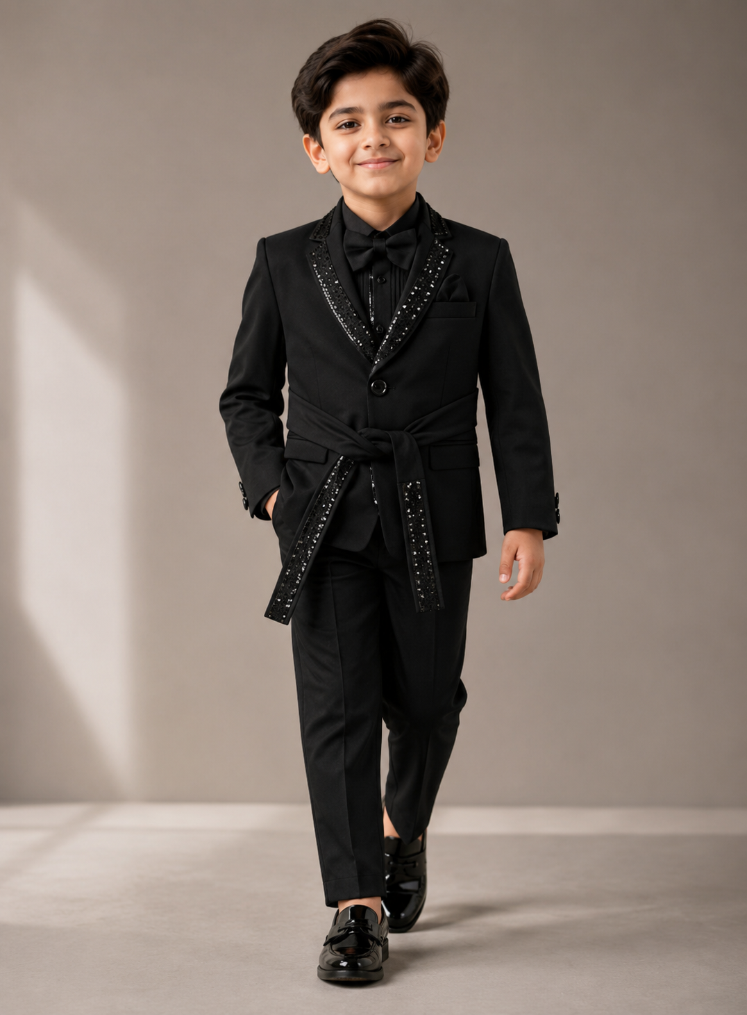 White Crystal-Studded Belted Tuxedo Set