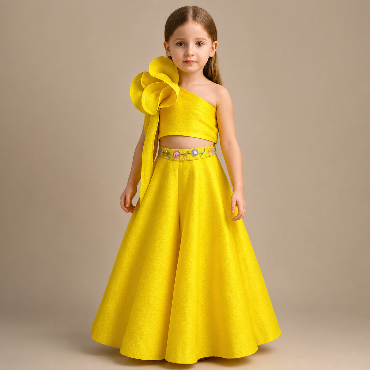 Pre Order: Elegant Yellow Ruffle Twisted One Shoulder Top With Flared Palazzo