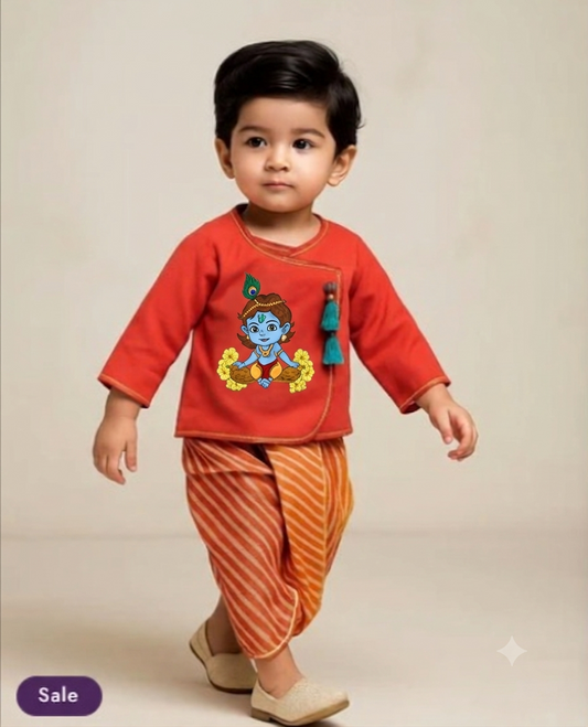 Janmashtami Special Pre Order : Krishna Hand Embroidered Front Open Kurta And Dual Tone Leheriya Dhoti