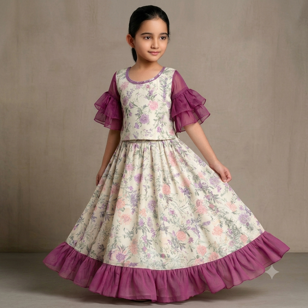 Pre Order: Floral Printed One Shoulder Top And Stylish Front Cut Lehenga With Ruffle Dupatta