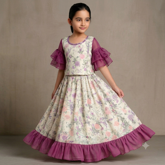 Pre Order: Floral Printed One Shoulder Top And Stylish Front Cut Lehenga With Ruffle Dupatta