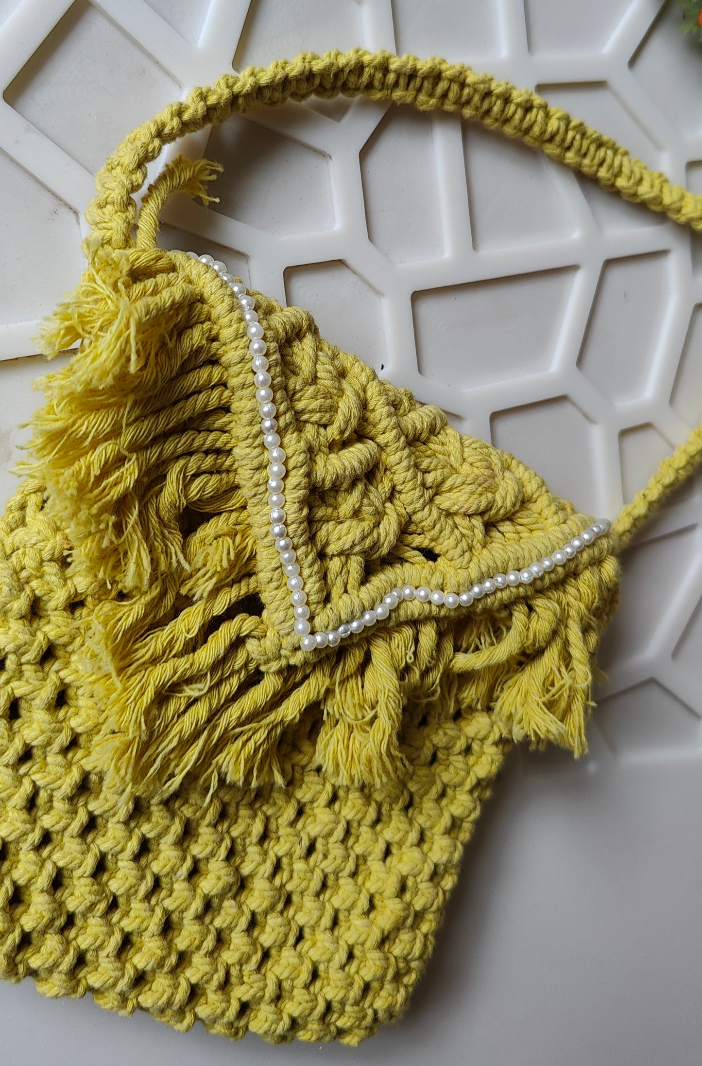 Mustard Macrame Pearl Bag