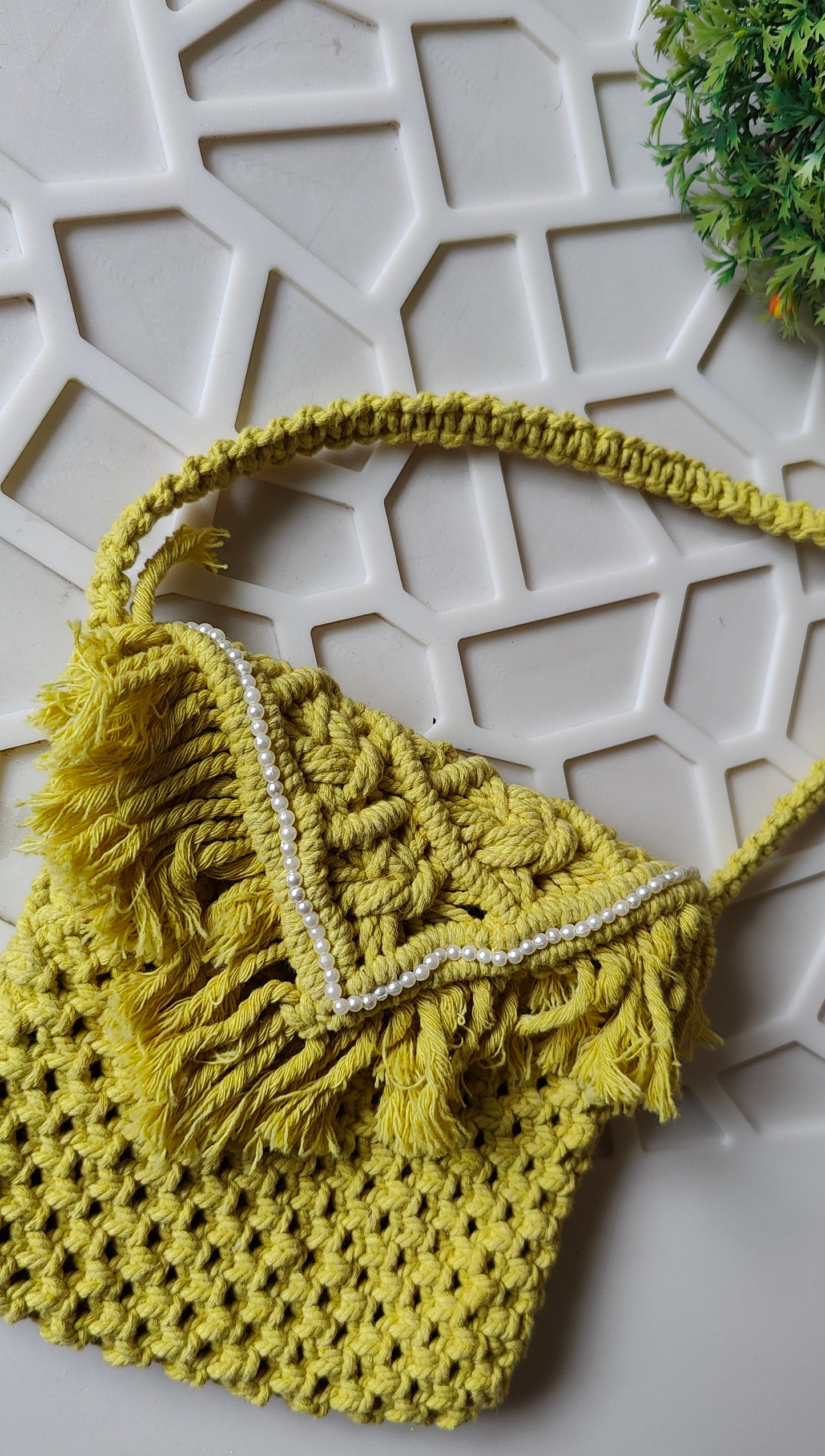 Mustard Macrame Pearl Bag