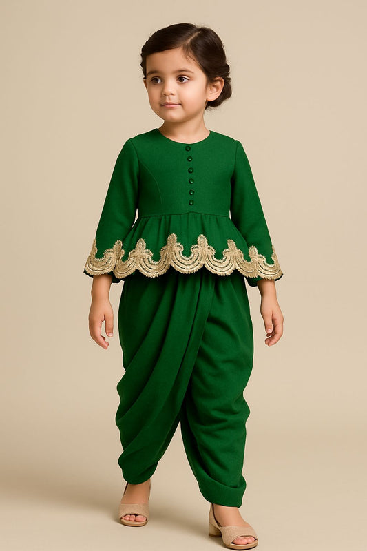 Pre Order: Exclusive Green Embroidered Peplum Top And Stylish Dhoti