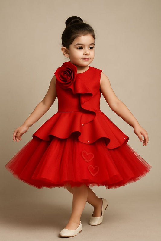 Pre Order: Exclusive Rose Embellished Frilly Red Scuba Dress