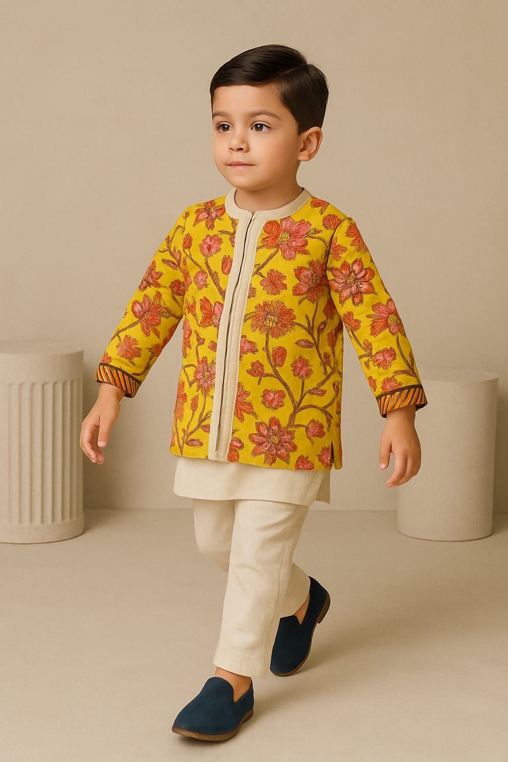 Loop Buttons Detail Kurta With Yellow Open Jacket And Pyjama