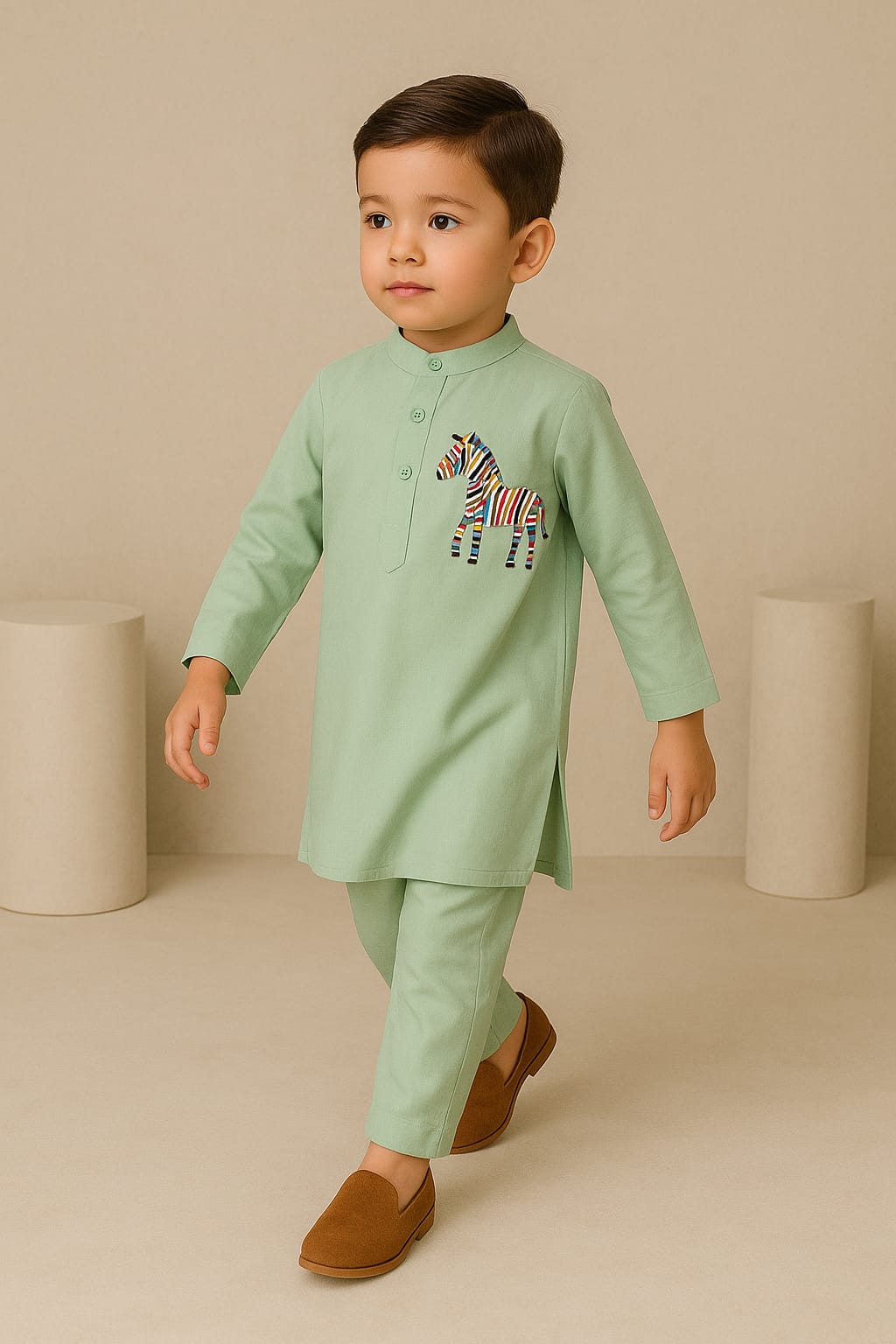 Pre Order: Green Elegant Draped Kurta With Animal Embroidered Applique And Salwar