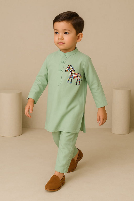 Pre Order: Green Elegant Draped Kurta With Animal Embroidered Applique And Salwar