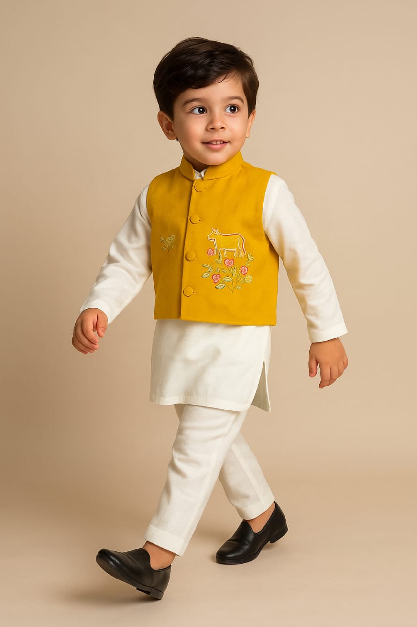 RTD Pre Order: Mandarin Collar Off White Kurta With Holographic Lace Enhanced Jacket And Pyjama