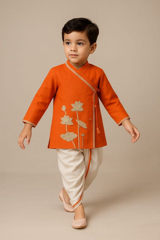 Pre Order: Embroidered Angrakha Style Orange Kurta With Lace Work Dhoti