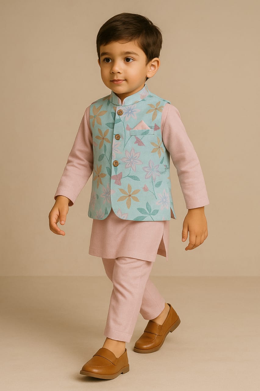 RTD Pre Order: Blue Floral Printed Jacket With Pink Kurta And Pyjama