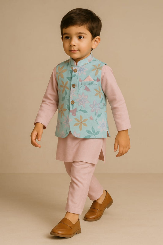 Pre Order: Blue Floral Printed Jacket With Pink Kurta And Pyjama