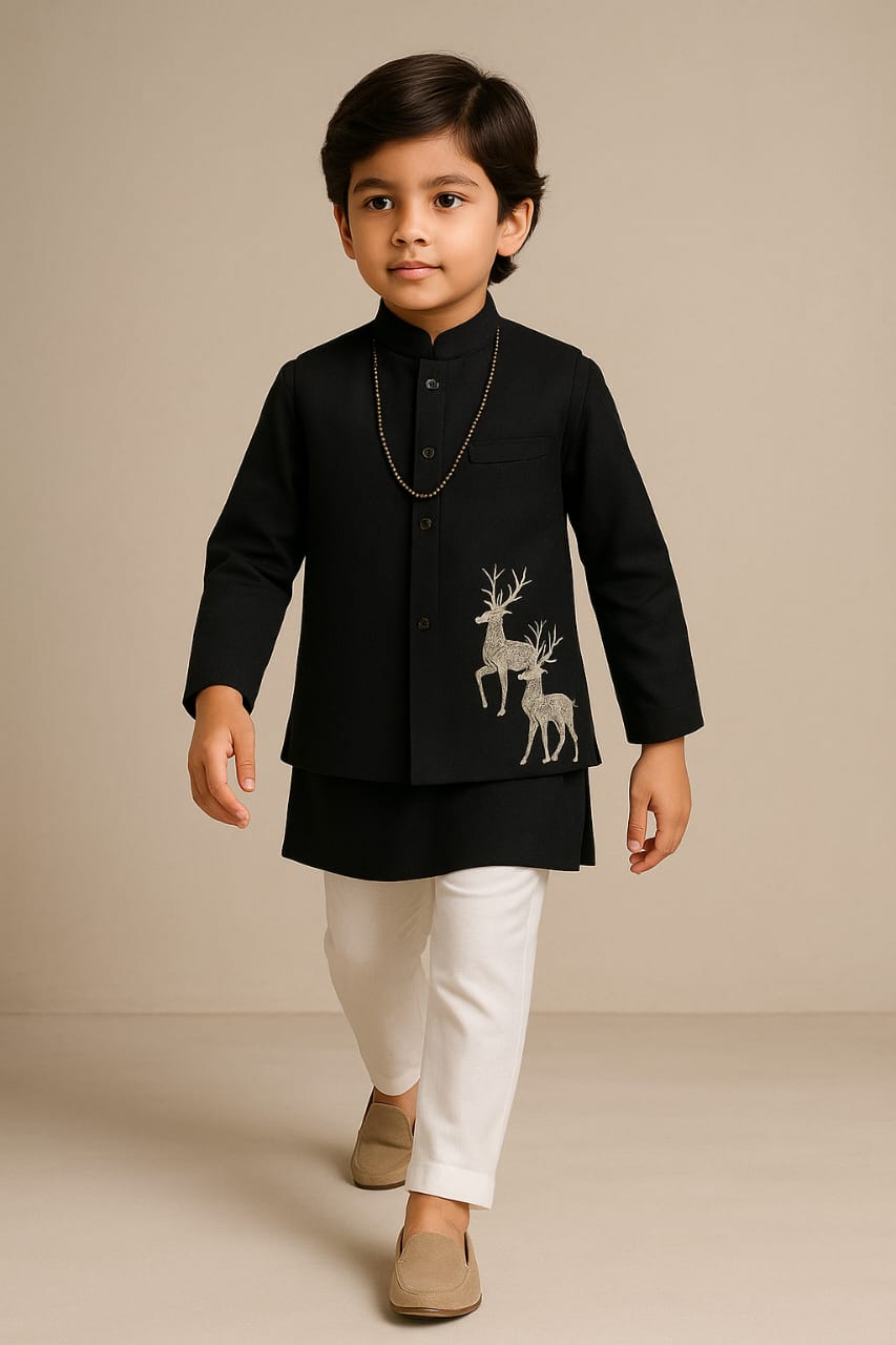 Priority Pre Order: Black Embroidered Kurta With Jacket And Pyjama