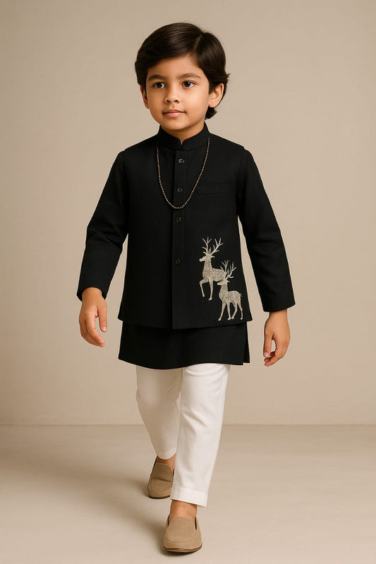 Pre Order: Black Embroidered Kurta With Jacket And Pyjama