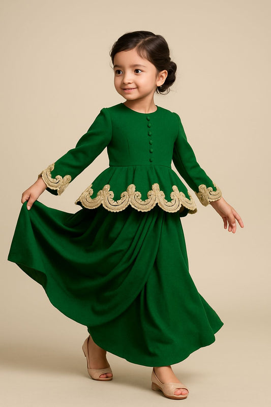 Pre Order: Green Embroidered Peplum Top And Stylish Dhoti Skirt